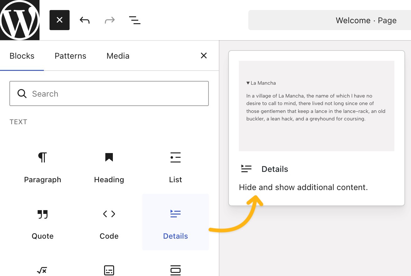 The + add block sidebar open, and a preview of the Details block appears when the block icon is hovered over.