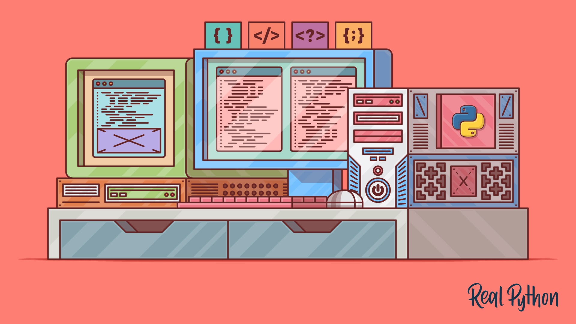 A variety of machines showing web language code snippets