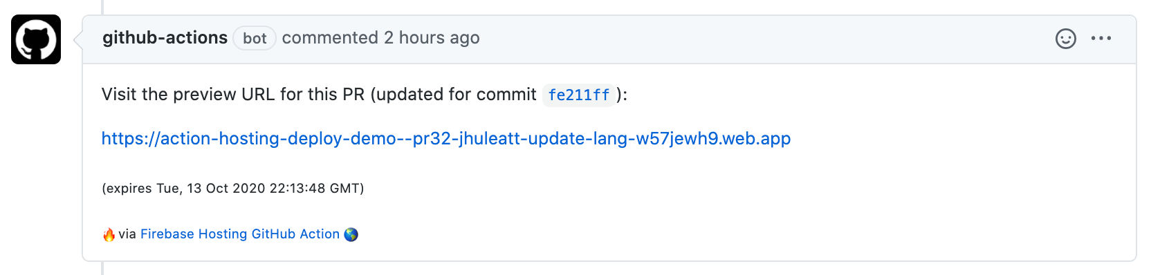 Obraz komentarza do żądania pull w GitHub Actions z adresem URL podglądu