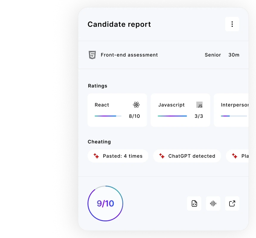 Candidate report showing front-end assessment results with scores in React, JavaScript, and interpersonal skills