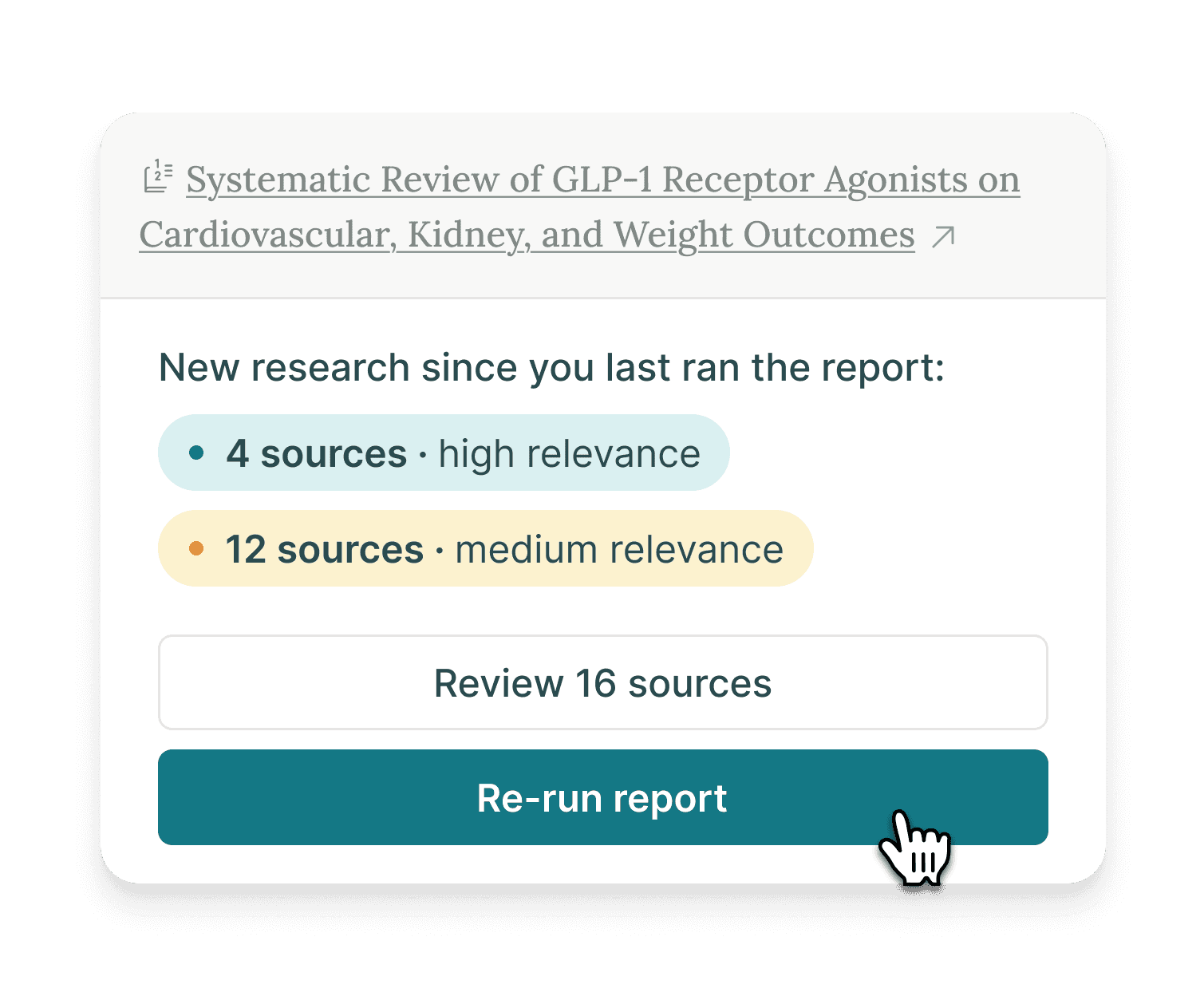 Elicit Alerts interface showing a summary of new research findings with 16 sources categorized by high and medium relevance
