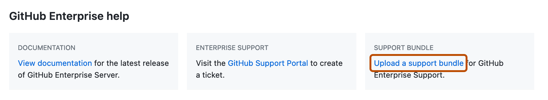 엔터프라이즈 설정 페이지의 "GitHub Enterprise 도움말" 섹션 스크린샷. "Upload a support bundle link"가 주황색 윤곽선으로 표시됩니다.