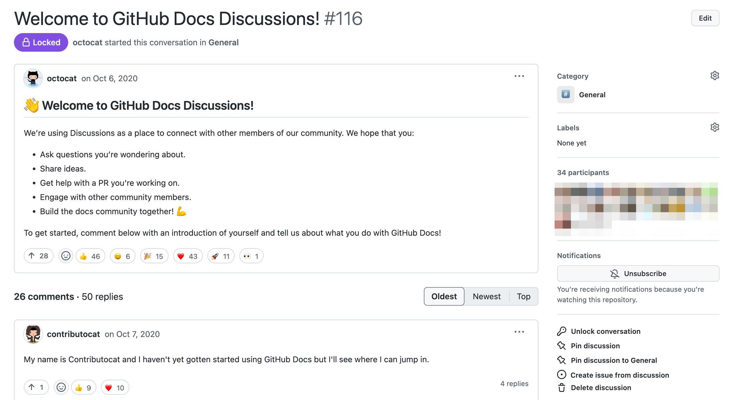 Capture d’écran d’un exemple de discussion, avec le titre « Bienvenue dans GitHub Discussions docs ».