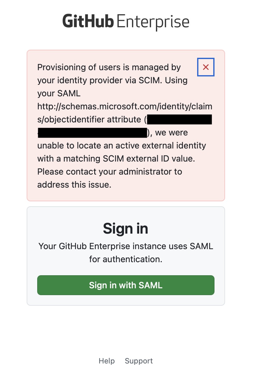 Entra ID SAML 및 SCIM 데이터 매핑 오류의 스크린샷