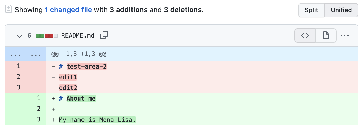 Capture d'écran d'un diff du fichier README.md. 3 lignes rouges listent le texte en cours de suppression, tandis que 3 lignes vertes listent le texte en cours d'ajout.