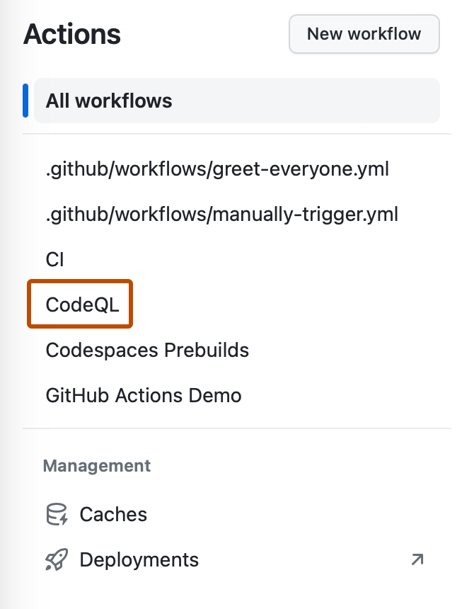 Capture d'écran de la barre latérale gauche de l'onglet « Actions », avec un workflow « CodeQL » indiqué en orange foncé.