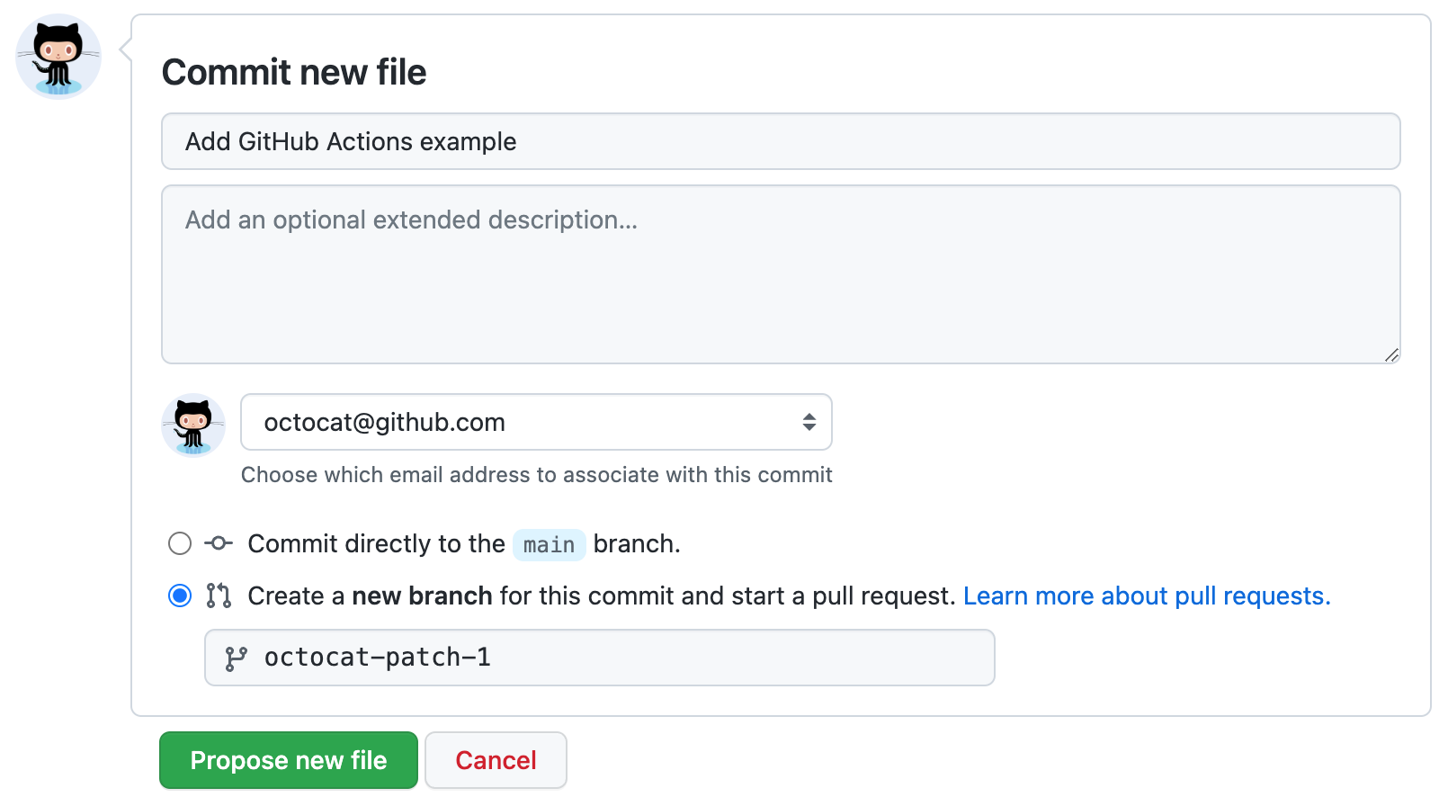 Captura de tela da área "Fazer commit de novo arquivo" na página.
