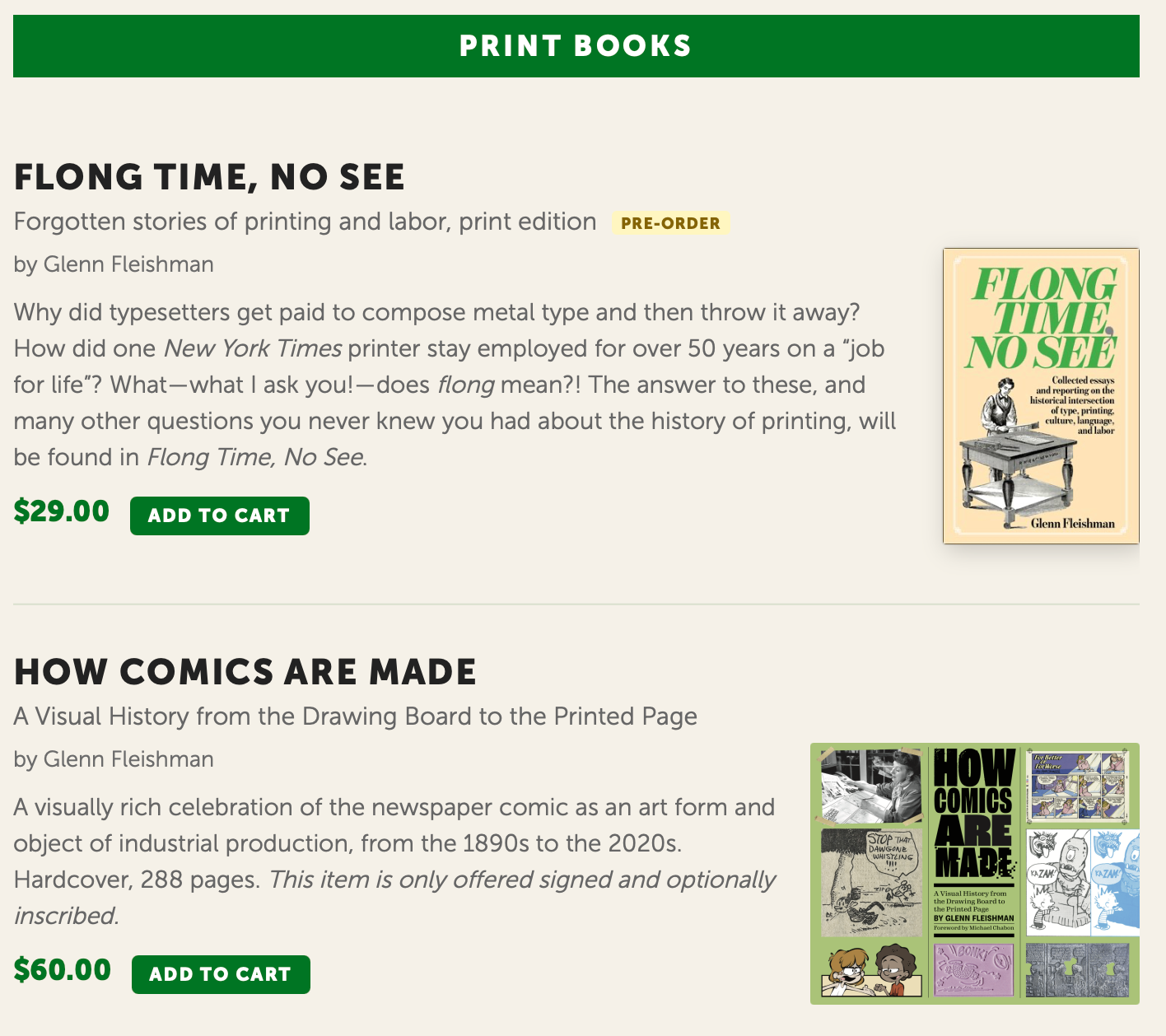 Screenshot of front page of Aperiodical ecommerce store showing Flong Time, No See and How Comics Are Made covers and information