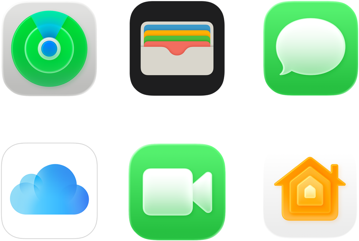Apple 提供的六種服務的符號:「尋找」、「Apple 錢包」、iMessage、iCloud、FaceTime 和「家庭」。