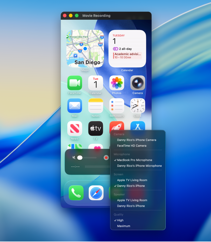 Το παράθυρο QuickTime Player στο Mac κατά την εγγραφή με χρήση iPhone.