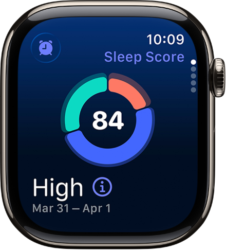 The sleep score screen showing a score in the center of the screen. A rating and the time spent asleep appears at the bottom-left of the screen.