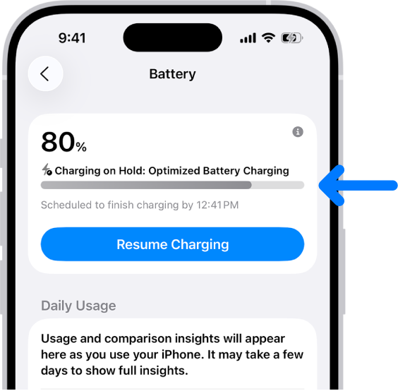 The charging information card in iPhone Battery settings. The card shows the battery at 80% with the message “Charging on Hold: Optimized Battery Charging.” It is scheduled to finish by 12:41 PM, with an option to “Resume Charging.”