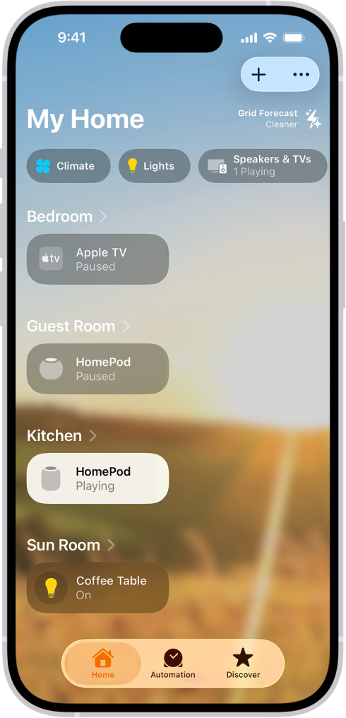 The Home tab showing, from top to bottom, four categories, two scenes, three camera views, and the status of one room. Across the bottom are the tabs Home (which is selected), Automation, and Discover.