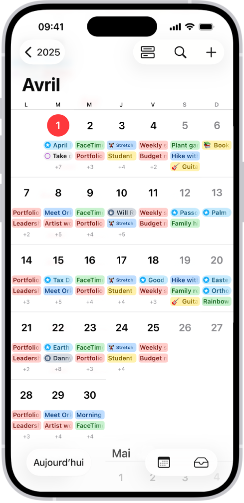 Un calendrier affichant la présentation Mois, avec des évènements et des rappels.
