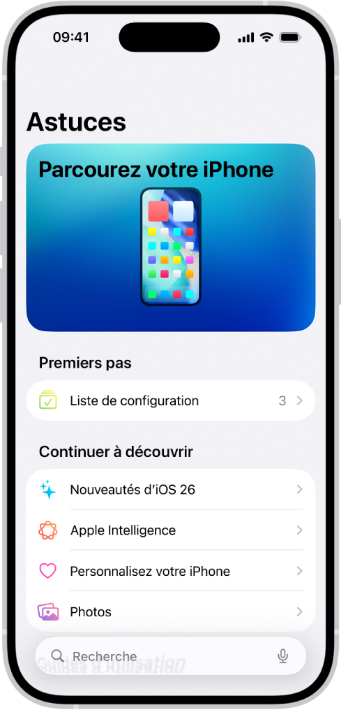 Un écran affichant une collection d’astuces avec des flèches indiquant que vous pouvez toucher une collection pour consulter les astuces qu’elle contient.