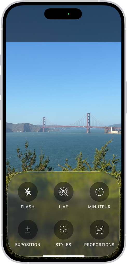 L’app Appareil photo est ouverte en mode Photo. En bas de l’écran se trouvent les boutons correspondant aux commandes suivantes de la caméra : Flash, En direct, Minuteur, Exposition, Styles et Proportions.