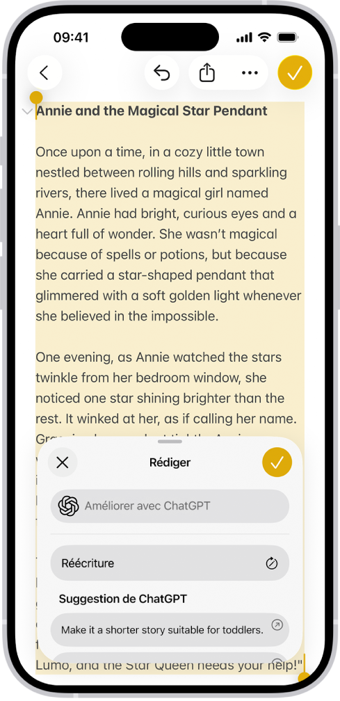 iPhone affichant un article en cours de rédaction dans l’app Notes. En bas de l’écran se trouve la zone de dialogue Rédiger avec les Outils d’écriture, proposant des options permettant d’affiner avec ChatGPT, choisir des suggestions de ChatGPT et plus encore.