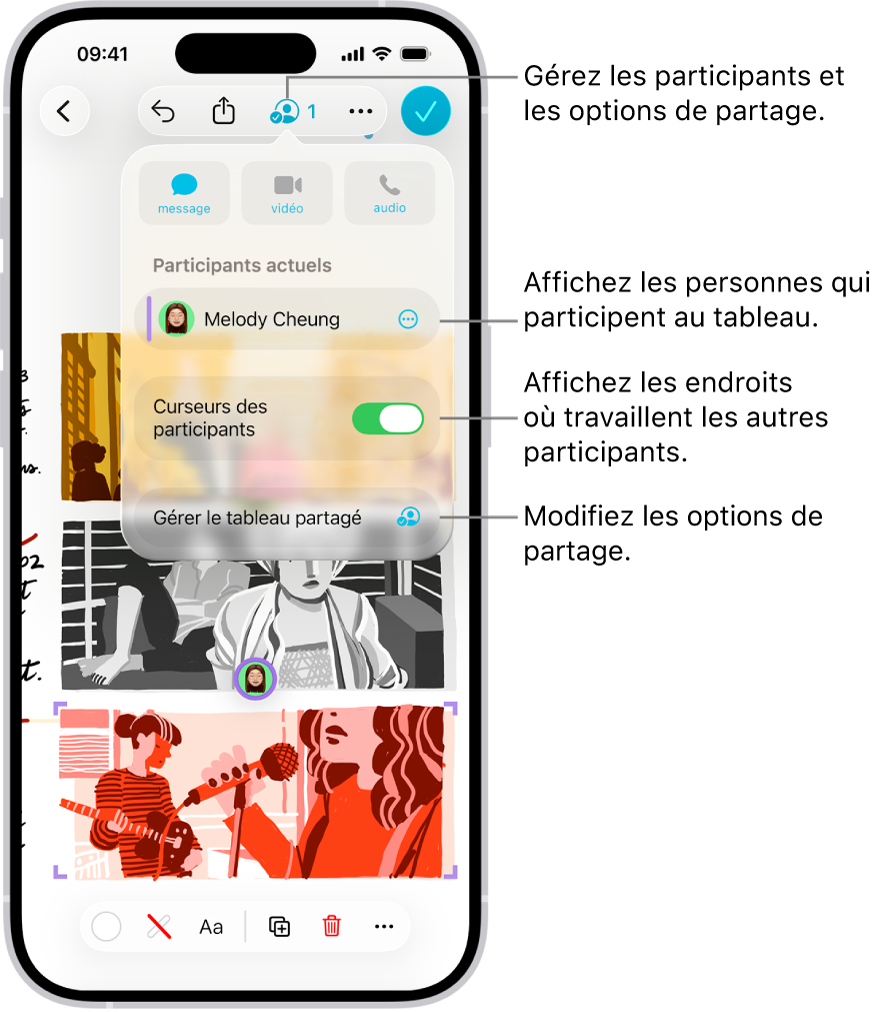 Un tableau Freeform partagé sur iPhone avec le menu de collaboration ouvert.