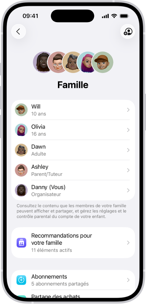 Écran Partage familial dans Réglages. Cinq membres de la famille sont listés et quatre abonnements sont partagés avec la famille.