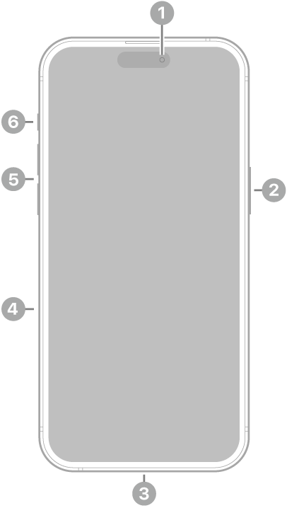 La vue de face de l’iPhone 15 Pro Max. La caméra avant se trouve en haut au centre. Le bouton latéral est situé sur le côté droit. Le connecteur USB-C se trouve en bas. Sur le côté gauche, de bas en haut, se trouvent le support pour carte SIM, les boutons de volume et le bouton Action.