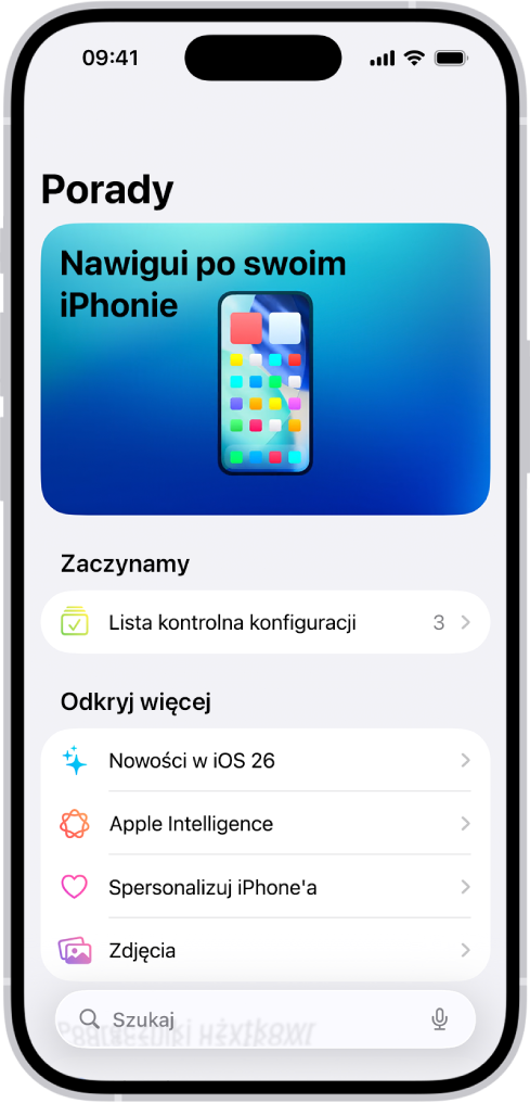 Ekran zawierający zbiór porad. Strzałka obok zbioru porad oznacza, że możesz stuknąć w zbiór, aby wyświetlić zawarte w nim porady.