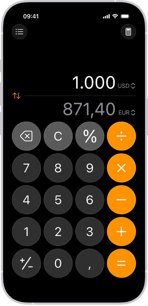 iPhone’da para birimi dönüştürme ile temel hesap makinesi.