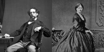 Portraits of a man seated beside a table and a woman in a formal dress, both in 19th-century attire. Portraits of a man seated beside a table and a woman in a formal dress, both in 19th-century attire.