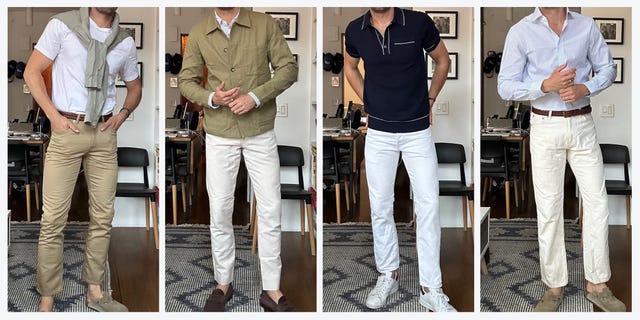 A man showcasing four different casual outfits, featuring various tops and pants in a stylish setting. A man showcasing four different casual outfits, featuring various tops and pants in a stylish setting.