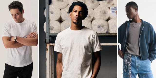 Three male models showcasing various casual clothing styles against a backdrop of fabric rolls. Three male models showcasing various casual clothing styles against a backdrop of fabric rolls.