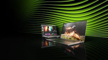 Two laptops displaying vibrant graphics and video editing software against a dynamic green wave background. Two laptops displaying vibrant graphics and video editing software against a dynamic green wave background.