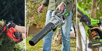Various cordless power tools including a hedge trimmer, leaf blower, and pruning saw in outdoor settings. Various cordless power tools including a hedge trimmer, leaf blower, and pruning saw in outdoor settings.