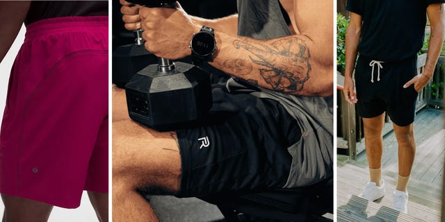 Men wearing various styles of athletic shorts while engaging in different activities. Men wearing various styles of athletic shorts while engaging in different activities.