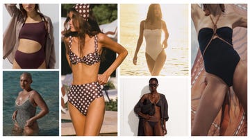 Collage of women in various swimsuits, including polka dot and solid colors. Collage of women in various swimsuits, including polka dot and solid colors.