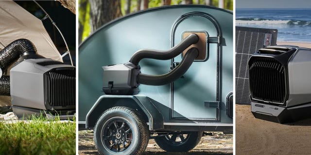 Portable air conditioner with flexible hoses, designed for outdoor use and compatible with camping setups. Portable air conditioner with flexible hoses, designed for outdoor use and compatible with camping setups.