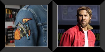 Denim jacket with a colorful Ghost Rider patch alongside ryan gosling on stage at comic con Denim jacket with a colorful Ghost Rider patch alongside ryan gosling on stage at comic con