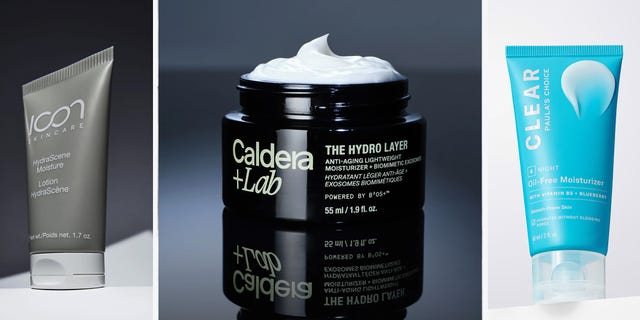 Three skincare products: a lotion, a moisturizer in a jar, and an oil-free moisturizer in a tube. Three skincare products: a lotion, a moisturizer in a jar, and an oil-free moisturizer in a tube.