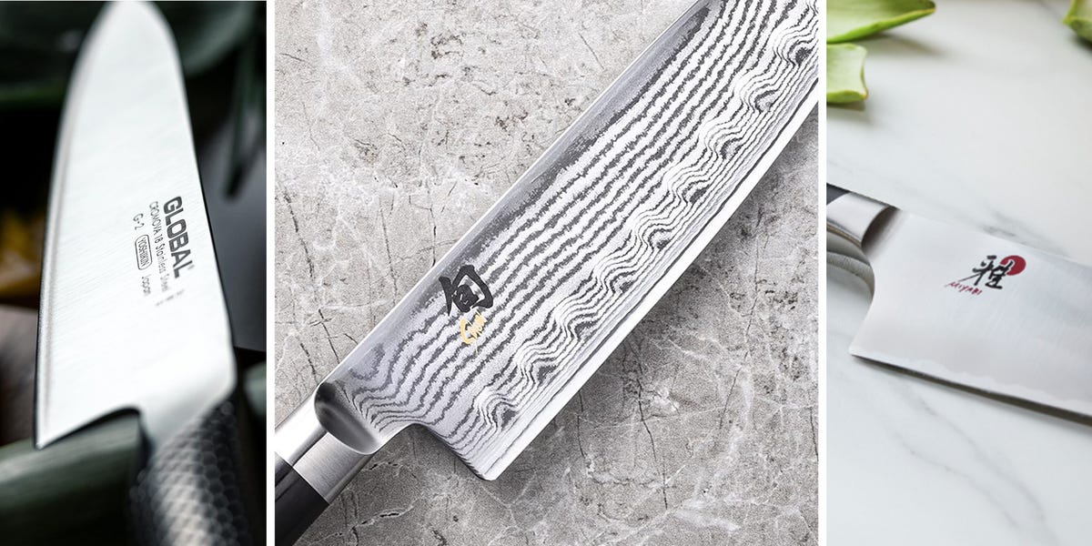 Three stylish kitchen knives showcasing different blade designs and materials on a textured background. Three stylish kitchen knives showcasing different blade designs and materials on a textured background.