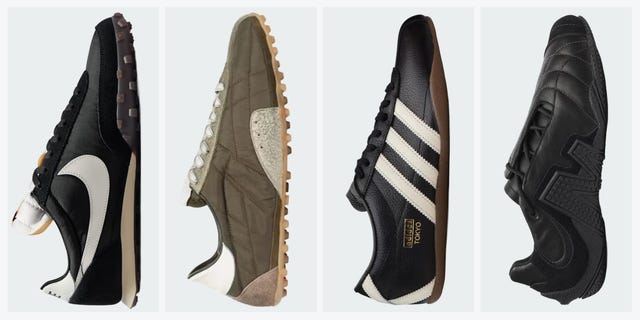 Collection of four soccer shoes displayed side by side. Collection of four soccer shoes displayed side by side.