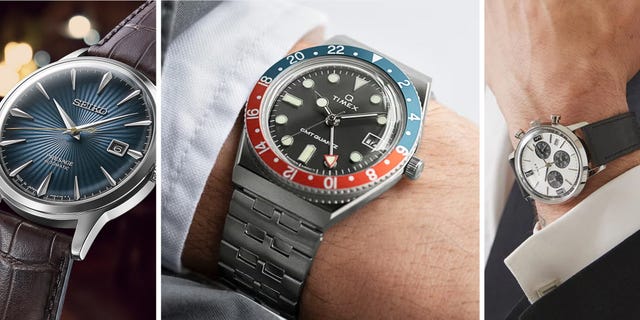 Three wristwatches displayed: a blue Seiko Presage, a black Timex GMT, and a silver chronograph. Three wristwatches displayed: a blue Seiko Presage, a black Timex GMT, and a silver chronograph.