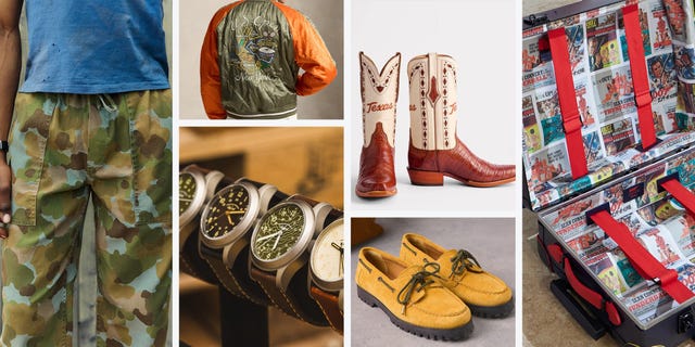 Collage featuring clothing, shoes, watches, and a suitcase with unique designs and patterns. Collage featuring clothing, shoes, watches, and a suitcase with unique designs and patterns.