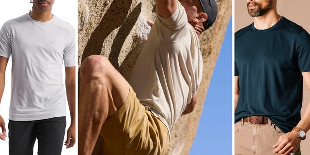 Three men wearing various styles of t-shirts: light gray, beige, and dark blue, including a climber on a rock face. Three men wearing various styles of t-shirts: light gray, beige, and dark blue, including a climber on a rock face.