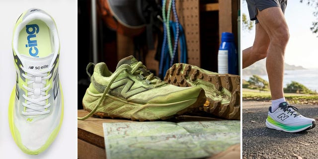 Three pairs of New Balance running shoes, showcasing different colors and styles, including one in use outdoors. Three pairs of New Balance running shoes, showcasing different colors and styles, including one in use outdoors.