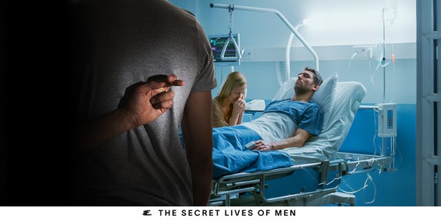A concerned woman by a hospital bed with a man receiving medical care, shadowy figure in the foreground. A concerned woman by a hospital bed with a man receiving medical care, shadowy figure in the foreground.