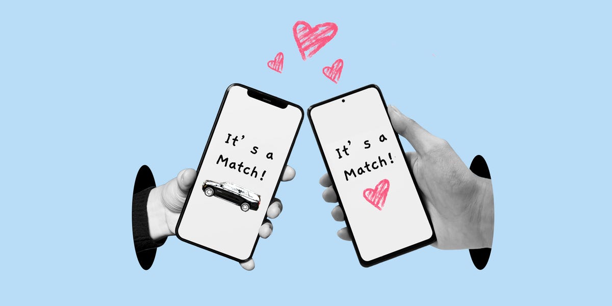 Two hands holding smartphones displaying "It's a Match!" with hearts and a car illustration against a light blue background. Two hands holding smartphones displaying "It's a Match!" with hearts and a car illustration against a light blue background.