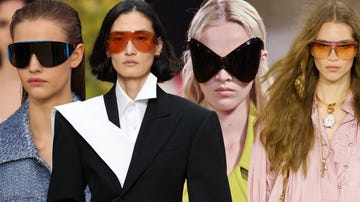 Models wearing oversized, stylish sunglasses on the runway. Models wearing oversized, stylish sunglasses on the runway.