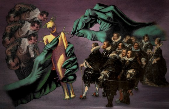Two giant green witch's hands; one holds a pin-skewered voodoo doll, the other is making ready to add more pins. Peering over the doll's shoulder are three dandies, leering suggestively. at the other extreme is a crowd of Dutch master-style fellows in black, looking on in affront.
