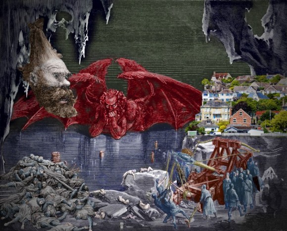 The icy chamber at the center of Dante's hell, dominated by Satan, massive and peering around with his chin propped on his elbows, which rest of the ice-sheet. From the ceiling of the chamber dangles a massive, decapitated head, suspended by the hair. Beneath it is a pile of corpses in middle ages armor. On the opposite side of the chamber stands a suburban housing plot; another group of (living) soldiers in armor aim a giant catapult at it..