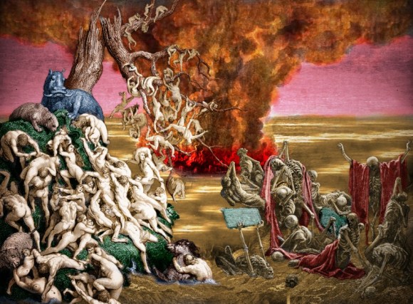 TA blasted wasteland with a mushroom cloud rising over it. In the foreground are swarms of drowning people climbing over each other to escape into the limbs of a dead tree, and a crowd of agonized skeletons. All sourced from Dore engravings illustrating the Old Testament.