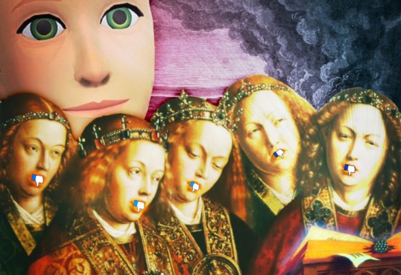 Four female chorousters in sumptuous Renaissance robes. Each one's mouth has been stopped up by a Facebook 'thumbs up' icon. Behind them looms Mark Zuckerberg's grinning Metaverse avatar. The book they are reading from has flooded their faces with light. In the background is a sky full of ominous blue/red clouds.