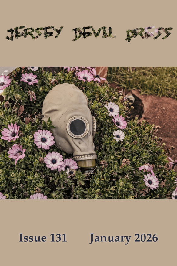 cover of issue 131 with a gas mask in a flowering shrub